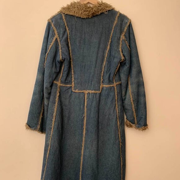 Denim full length Pennylane Style  long Coat with front faux fur details - Picture 3 of 4